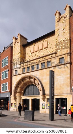LONDON - MARCH 22, 2015. The distinctive facade of the Whitechapel Gallery, designed by Charles Harrison Townsend, a venue for temporary exhibitions founded in 1901 located in east London, UK.
