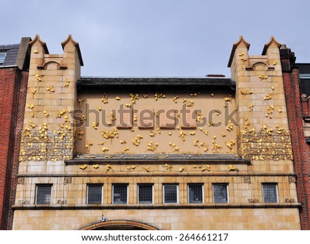 LONDON - MARCH 22, 2015. The decorative upper facade of the Whitechapel Gallery, designed by Charles Harrison Townsend, a venue for temporary exhibitions founded in 1901 located in east London.