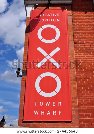 LONDON - APRIL 25, 2015. A sign on the Oxo Tower Wharf building, a community of design boutiques, studios, galleries and restaurants located on the south bank of the River Thames in central London.