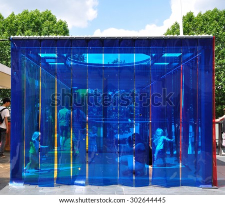 LONDON - JUNE 27, 2015. Children play in a translucent art installation located by the Royal Festival Hall at the Southbank Centre in central London, UK.
