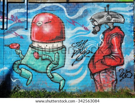 LONDON - NOVEMBER 22, 2015. Street art in the Nomadic Community Gardens at Shoreditch in the Borough of Tower Hamlets, an area renown for its public painting in east London, UK.