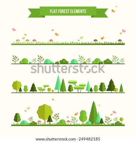 Trendy and beautiful set of flat forest elements. Include grass, mushrooms, berries, bushes and trees