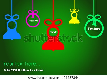 Christmas balls and bells on green background - Vector illustration. Christmas applique background for your design