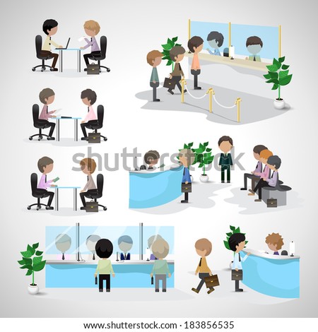 Business Peoples - Isolated On Gray Background - Vector Illustration, Graphic Design Editable For Your Design. People In A Bank. People Waiting In Line. People In Office. Business Concept