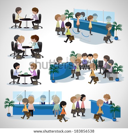Business Peoples - Isolated On Gray Background - Vector Illustration, Graphic Design Editable For Your Design. People In A Bank. People Waiting In Line. People In Office. Business Concept