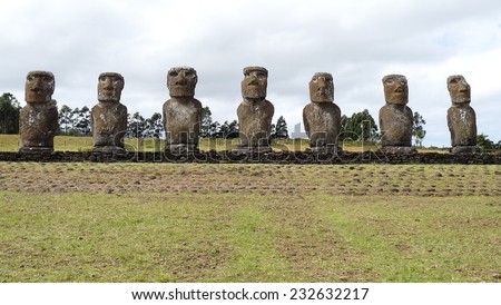 Row of moai status at Ahu Akivi. Easter Island, Chile. Rapa Nui