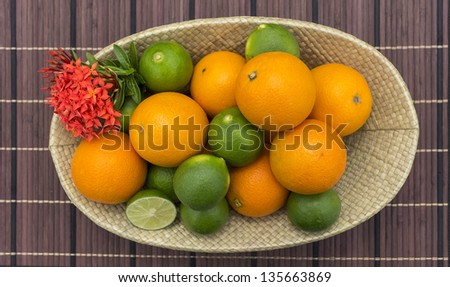 Citrus fruits arranged in woven basket.