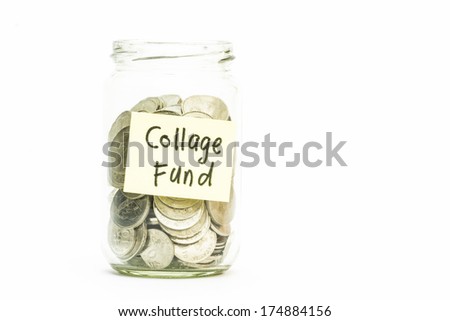 Isolated coins in jar with college fund label - financial concept