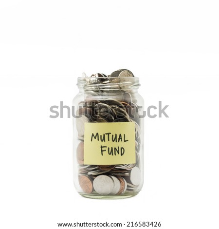 Isolated coins in jar with mutual fund label - financial concept