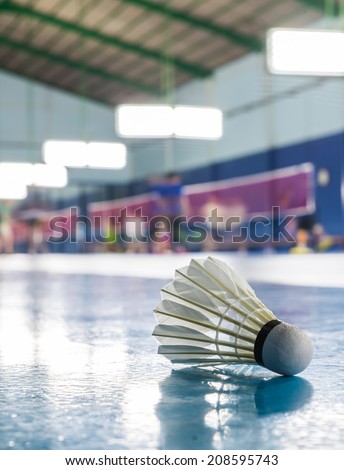 A shuttlecock on the ground in the indoor Badminton court