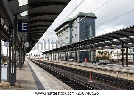 The empty platform with control tower of Frankfurt Main station, Germany