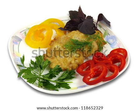 on the plate are three fried steaks in batter, ring bell pepper and fresh herbs. Isolation on a white background.
