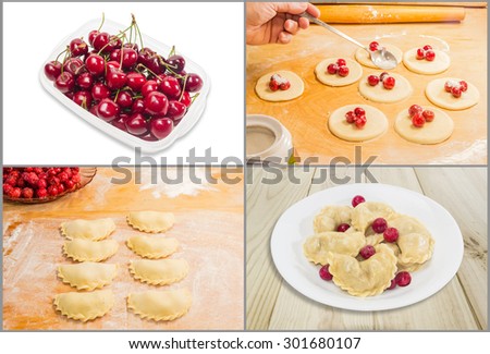 Tray with cherries, making ukrainian varenyky (dumplings) filled with sour cherry with sugar on a wood cutting board