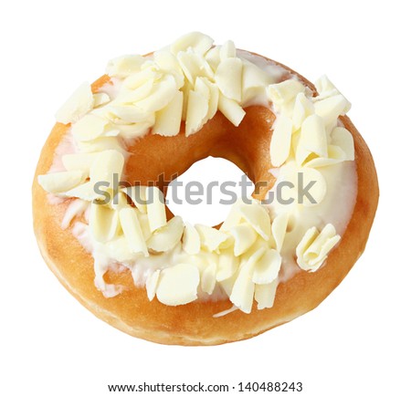 Donut or doughnut topped by shredded white chocolate isolated on white - deep focus photo