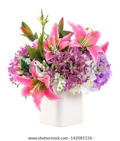 Bouquet of pink lily and hydrangea in ceramic vase isolated on white - artificial flower