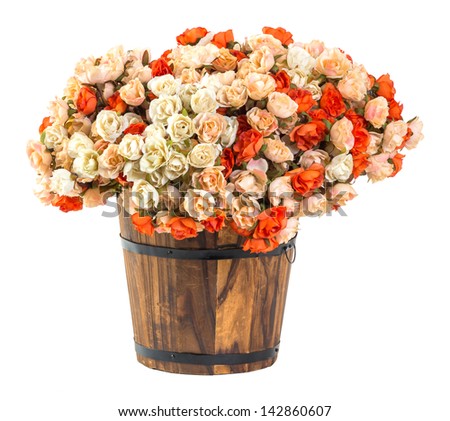 Bouquet of roses in wood bucket isolated on white