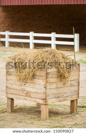 Dry straw in wood bucket for feeding sheep in farm