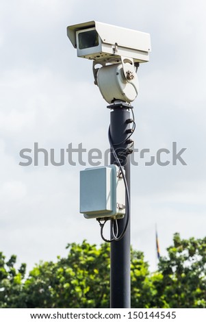White CCTV camera watching for security 24 hours at car park