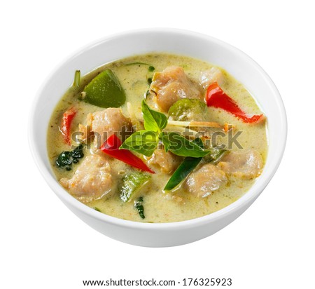 Close up clown knifefish ball green curry with sweet basil and chili - deep focus image with path