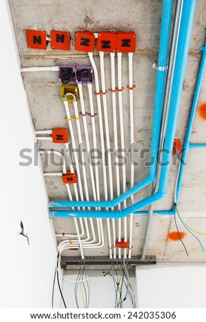 Close up electrical and sanitary distribution system installation in new building