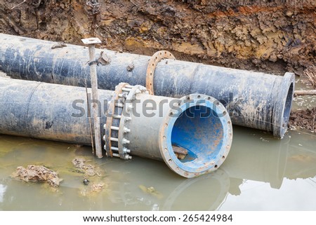 Big PE sewer pipe and flange installation in construction site