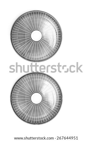 Close up air conditioner outdoor unit fan rotating
