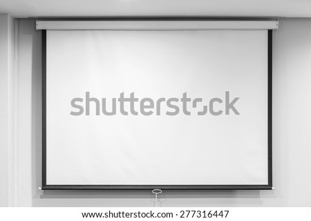 Blank projector screen in seminar room, education concept