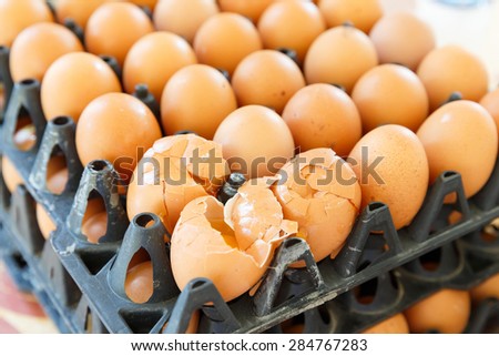 Close up cracked chicken eggs on stack of plastic tray, damaged concept