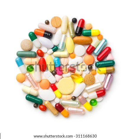 Close up group of drugs or medicines isolated on white, medical and health care concept