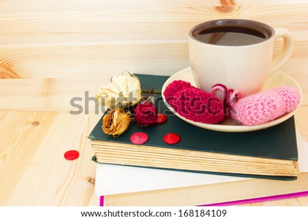 cozy cup of hot warming coffee and valentine\'s hearts