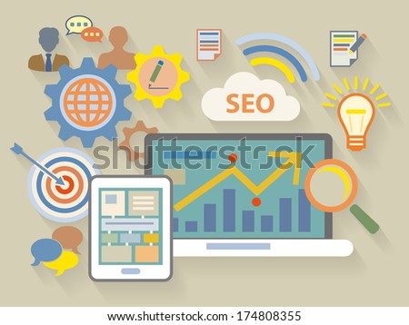 Vector Flat Design style illustration of website analytics search information concept - stock vector