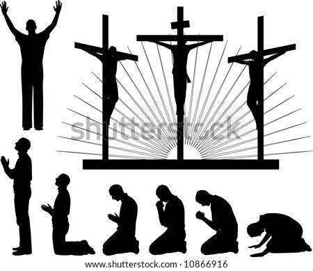 stock photo Silhouettes of the three crosses and praying man illustration 
