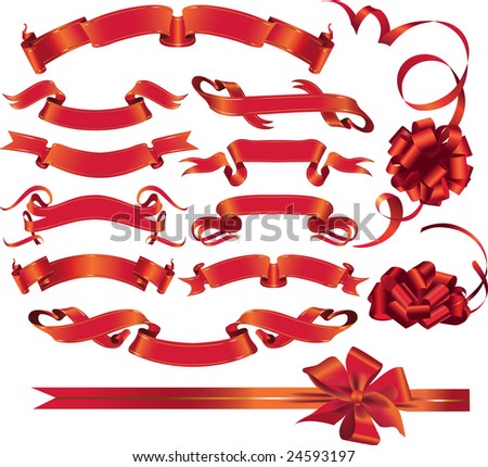 Set of red ribbons and bows, raster version of vector illustration.
