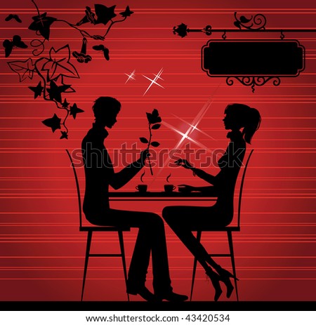 Silhouette of the couple in the cafe, raster version of vector illustration.