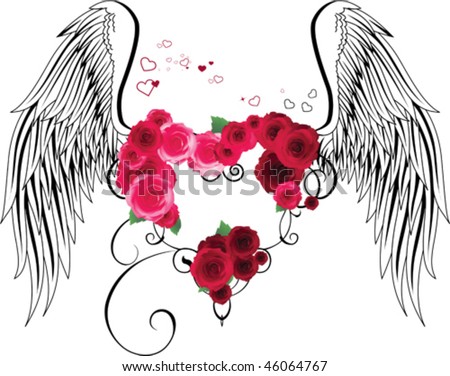 heart tattoo with wings. Hearts and roses tattoo