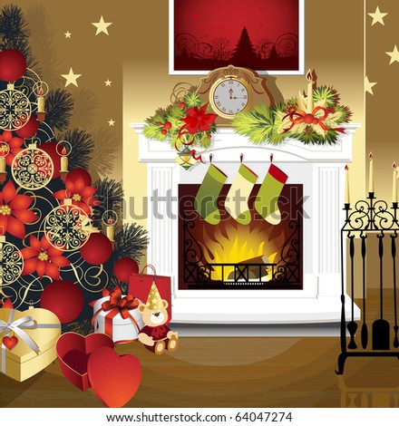 Christmas room with fireplace and presents under tree. Raster version of vector illustration.