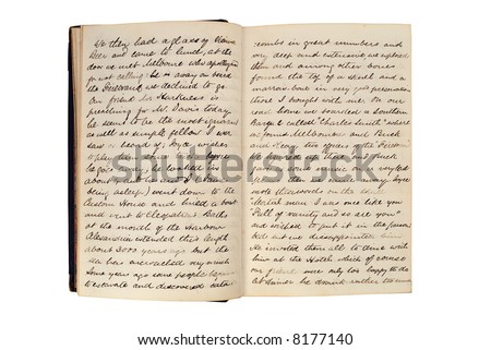 Pages in an antique travel diary of a Mediterranean cruise in 1872 isolated on white