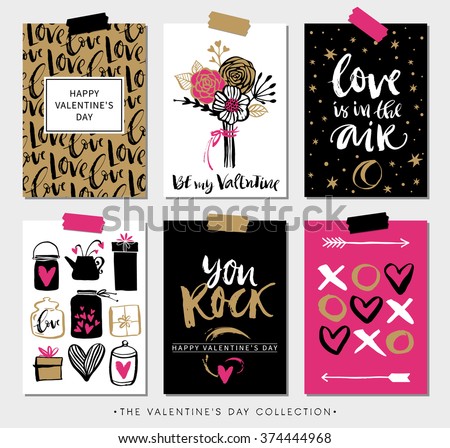 Valentines day gift cards. Calligraphy and hand drawn design elements. Handwritten modern lettering.