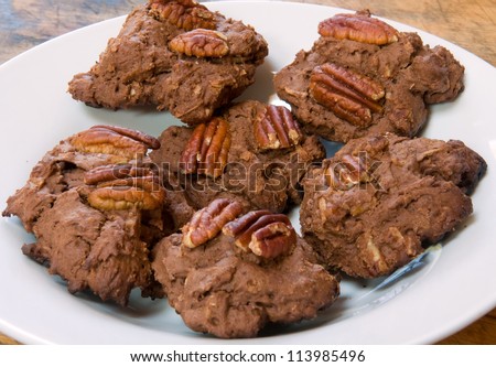 Homemade gluten-free chocolate pecan drop cookies on a plate - made with gluten-free flour