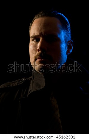 Mobster/criminal/murderer - scary-looking bad guy in trench coat with chiaroscuro \