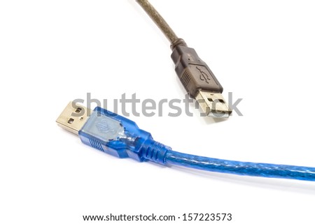Blue and black USB cable on the white background.