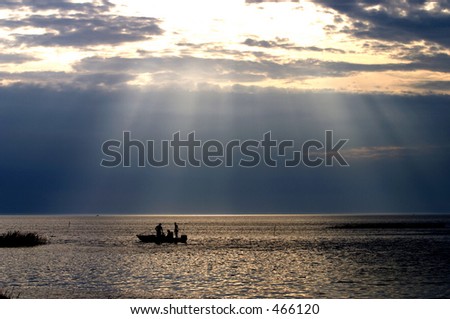 scene sea sunset Ship Fishing cloud light