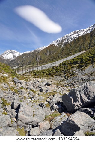 The Hooker Valley track from Mount Sefton & Mount Cook looking towards the hermitage in Mount Cook National Park, New Zealand