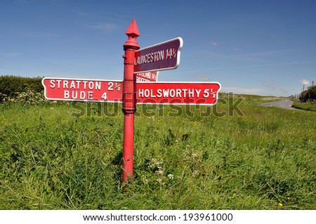 Red post road sign. A famous local landmark on the boarder of North Devon & Cornwall, near Bude.