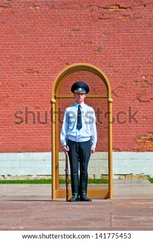 MOSCOW - JUNE 06: Honor Guard  at the Tomb of the Unknown Soldier at the Kremlin Wall on JUNE 06, 2013 in Moscow, Russia. The Tomb is a world war II memorial.