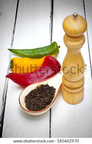 Colored peppers, peppercorn and pepper shaker