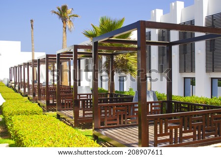 AGADIR, MOROCCO - JUL 08, 2014:Patio at Hotel Sofitel Agadir Royalbay Resort is located in the magnificent beach of Atlantic ocean with golden sand and imbued  the spirit of modern luxury