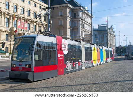 VIENNA, AUSTRIA - OCTOBER 12, 2014: Modern tram  in Vienna, Austria. Vienna Tram network is among largest in the world.