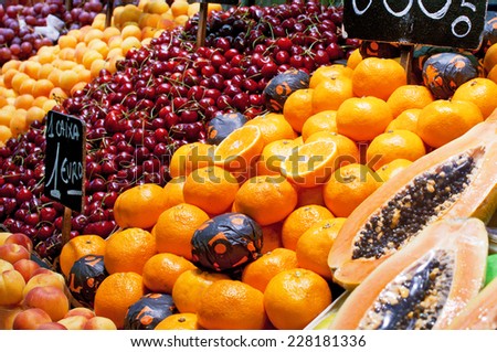 Fruit stall in market de la Boqueria at Barcelona