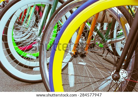 Colorful wheels bike closeup